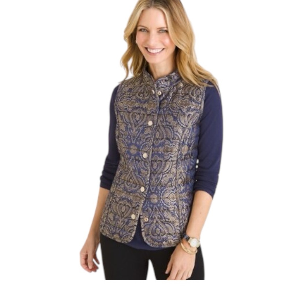 Chico’s Reversible Printed Jacquard To Black Quilted Vest